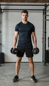 Man Lifting A Heavy Dumbbell In A Garage Home Gym Setup
