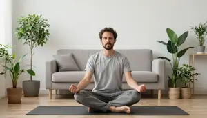 Man Meditating In A Minimalist Living Room Filled With Houseplants