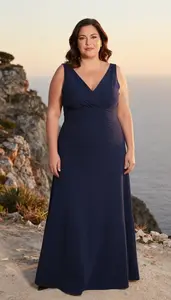 Mediterranean Mature Woman With Obese With Dark Brown Layered Hair Wearing Navy