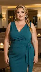 Mediterranean Woman In Her 40s With Heavy With Blonde Side Braid Wearing Teal
