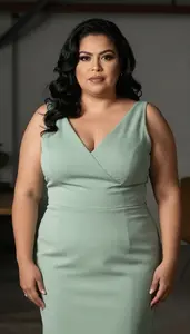 Mexican Woman In Her 40s With Curvy Figure With Black Layered Hair Wearing Sage