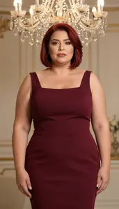 Olive Skinned Woman In Her 40s With Robust Figure With Red Bob Haircut Wearing