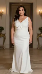 Olive Skinned Woman In Her 50s With Curvy Figure With Dark Brown Loose Waves