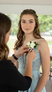 A Proud Parent Pinning A Corsage On Their Teen For Prom