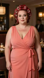 Scandinavian Woman In Her 40s With Robust Figure With Red Victory Rolls Wearing