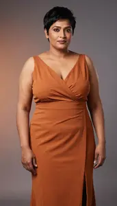 South Asian Woman In Her 40s With Obese With Black Short Pixie Cut Wearing Burnt