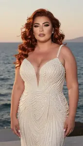 Turkish Mature Woman With Plump Figure With Copper Loose Waves Wearing Pearl