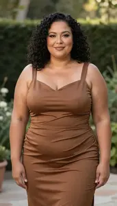 Warm Toned Woman In Her 40s With Plump Figure With Jet Black Natural Curly Hair