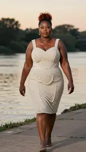 African Woman In Her 50s With Plump Figure With Auburn Messy Bun Wearing Pearl
