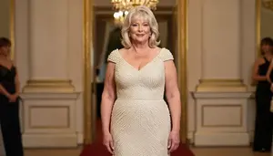 British Woman In Her 50s With Chubby Figure With Platinum Blonde Shoulder Length