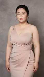 East Asian Mature Woman With Fat With Jet Black Sleek Ponytail Wearing Blush