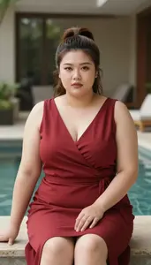 East Asian Woman In Her Early 30s With Thick Figure With Brunette High Ponytail