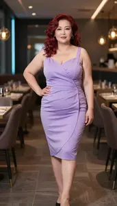 East Asian Woman In Her 50s With Obese With Red Natural Curly Hair Wearing Lilac