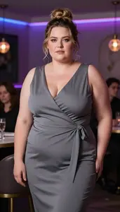 European Woman In Her Late 30s With Extra Fat With Dark Blonde Messy Bun Wearing