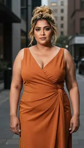 Indian Mature Woman With Large Build Figure With Blonde Messy Bun Wearing Burnt