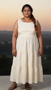 Indian Woman In Her 50s With Heavy With Copper Side Braid Wearing Cream Tiered