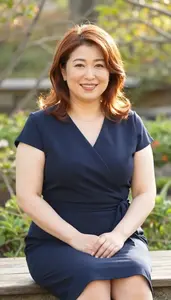 Japanese Mature Woman With Plump Figure With Copper Textured Hair Wearing Navy