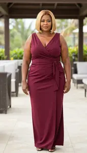 Kenyan Woman In Her 50s With Very Fat With Blonde Bob Haircut Wearing Oxblood