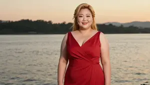 Korean Woman In Her Mid 30s With Hourglass Figure With Honey Blonde Half Up Half