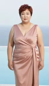 Korean Woman In Her 40s With Extra Fat With Auburn Short Pixie Cut Wearing Rose