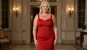 Light Skinned Woman In Her 40s With Plump Figure With Platinum Blonde Straight