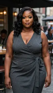 Nigerian Woman In Her 50s With Curvy Figure With Jet Black Wavy Hair Wearing