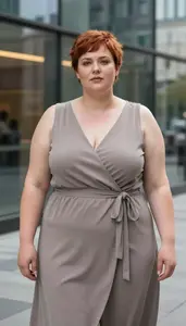 Nordic Woman In Her Early 30s With Very Obese With Auburn Short Pixie Cut