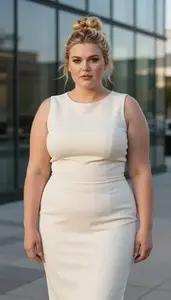 Nordic Woman In Her Late 20s With Obese With Blonde Messy Bun Wearing Ivory Midi