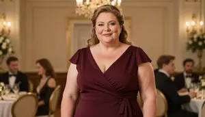 Nordic Woman In Her 50s With Pear Shaped Figure With Light Brown Half Up Half