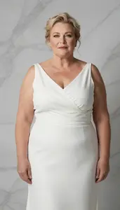 Nordic Woman In Her 50s With Soft And Curvy Figure With Blonde Chignon Wearing