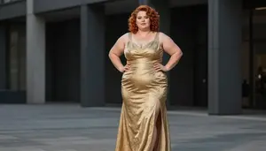 Scandinavian Woman In Her Late 30s With Obese With Auburn Victory Rolls Wearing