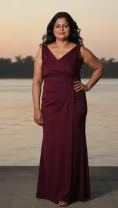 South Asian Woman In Her 50s With Obese With Black Wavy Hair Wearing Burgundy