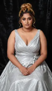 South Asian Woman In Her Mid 30s With Generous Figure With Honey Blonde Messy