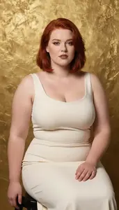 Western European Young Woman In Her 20s With Buxom Figure With Red Bob Haircut