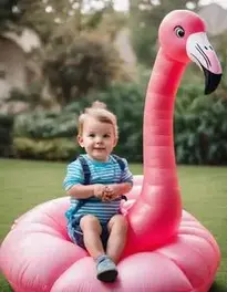 Kid Inflatable Flamingo Ride On face swap
