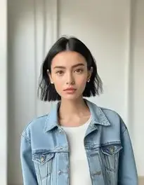 Woman Cropped Jean Jacket Dress face swap