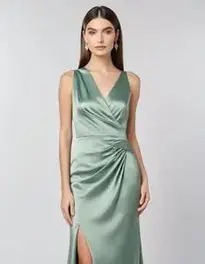 Woman Sage Green Satin Dress face swap